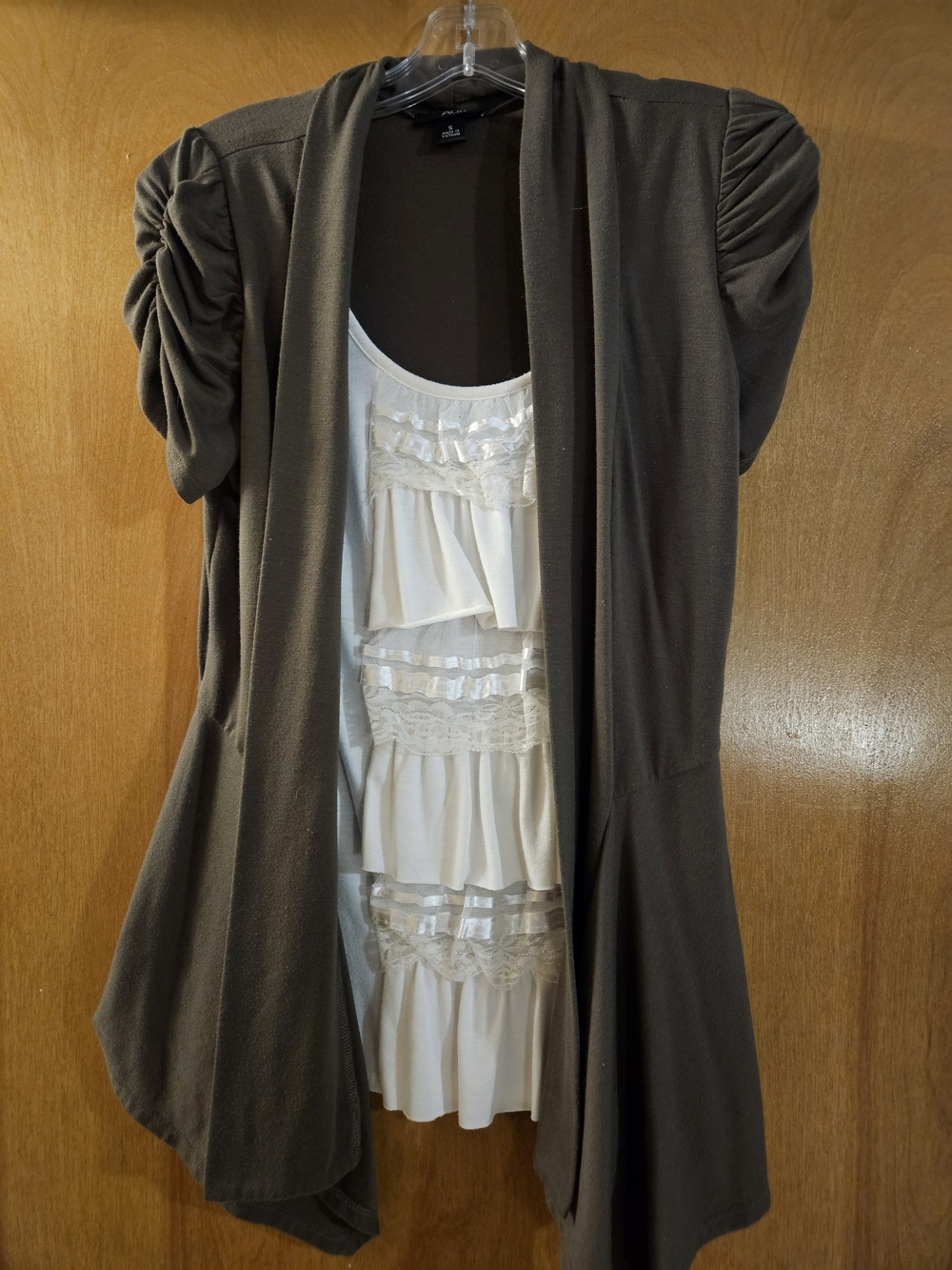 AGB Olive Open-Front Cardigan with Cream Ruffle Tank